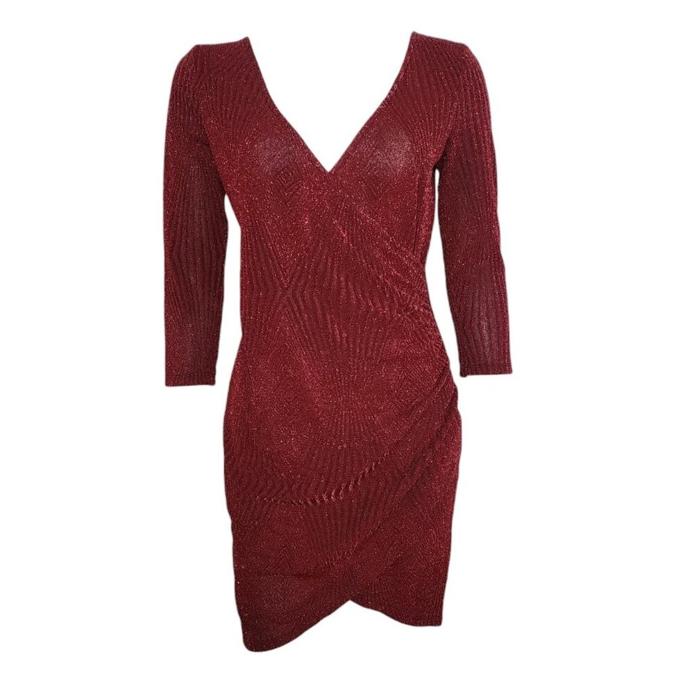 Trixxi Dress Womens Size XL Pullover Red‎ Sparkle Glitter Ruched V Neck Stretch